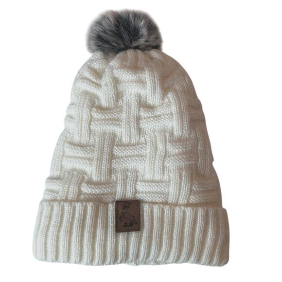 J.S Elk Deer Brown Patch Basket Weave Cream Beanie Gray Pom Pom Sherpa Lining OS - Picture 1 of 7